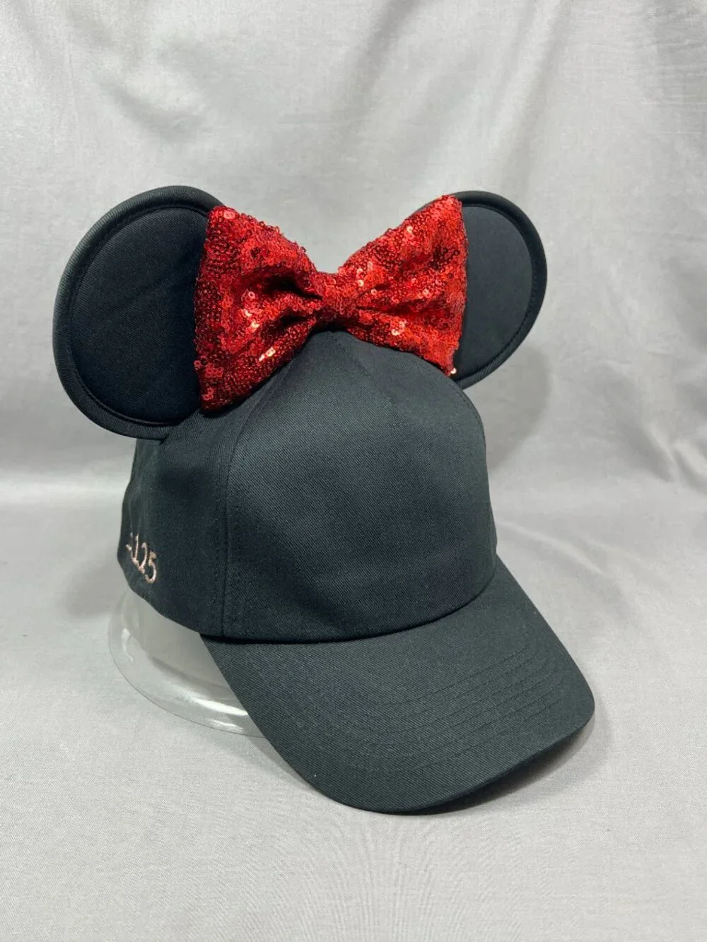 Disney Store Minnie Mouse Ears Hat Black Red Sequin Bow Strapback Adult Ball Cap
